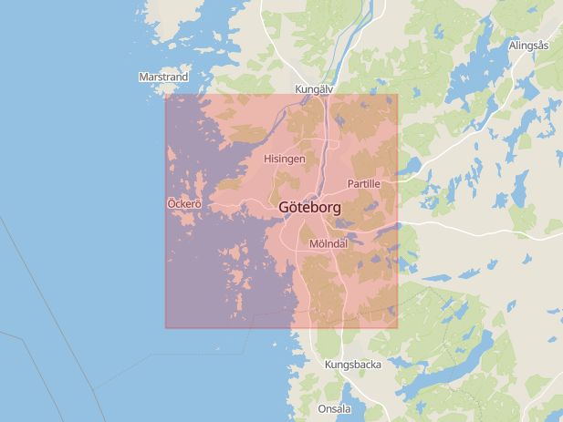 Karta som med röd fyrkant ramar in Alingsås, Ulricehamn, Göteborg, Vasagatan, Tjörn, Södra Hamnen, Falköping, Verkstadsgatan, Västra Götalands län