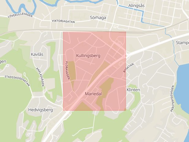 Karta som med röd fyrkant ramar in Kungsportsavenyn, Sahlgrenska Sjukhuset, Alingsås, Göteborgsvägen, Kullingsberg, Färgelanda, Sundsbron, Västra Götalands län