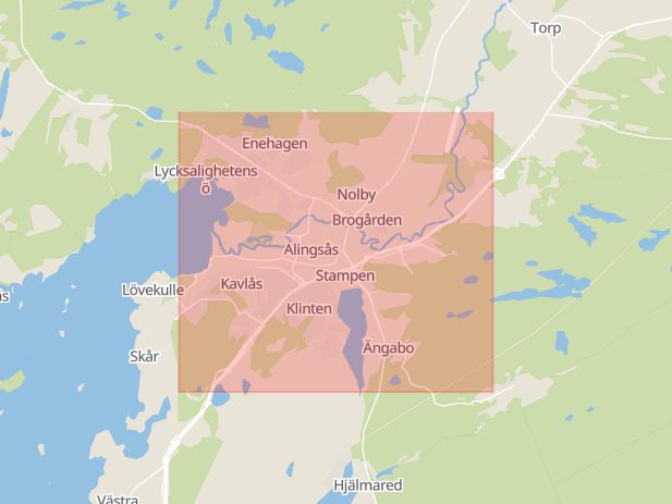 Karta som med röd fyrkant ramar in Alingsås, Vårgårda, Västra Götalands län