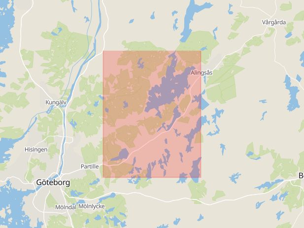 Karta som med röd fyrkant ramar in Borås, Boda, Lerum, Västra götalands län, Västra Götalands län