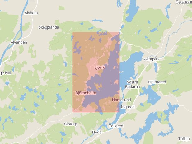 Karta som med röd fyrkant ramar in Sjövik, Östadsvägen, Lanthandel, Lerum, Västra Götalands län