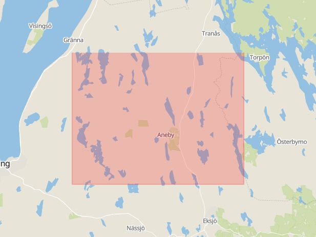 Karta som med röd fyrkant ramar in Jönköpings Län, Aneby, Östergötland, Jönköpings län