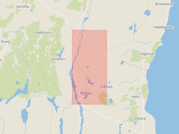 Karta som med röd fyrkant ramar in Sandhem, Mullsjö Kommun, Mullsjö, Jönköpings län