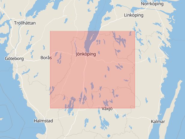 Karta som med röd fyrkant ramar in Östergötland, Vadstena, Jönköping, Gislaved, Reftele, Värnamo Kommun, Jönköpings län