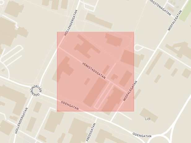 Karta som med röd fyrkant ramar in Åttagården, Verkstadsgatan, Falköping, Västra Götalands län