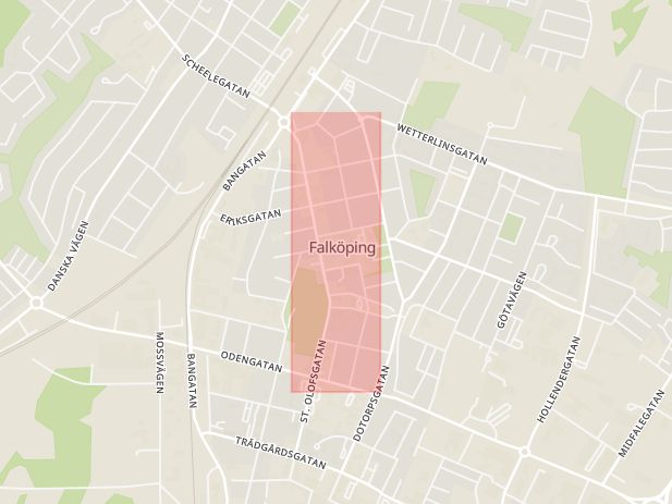 Karta som med röd fyrkant ramar in Falköping, Botvidsgatan, Göteborg, Andra Långgatan, Västra götalands län, Västra Götalands län