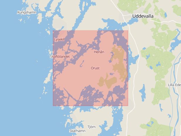Karta som med röd fyrkant ramar in Myckleby, Götaland, Orust, Västra Götalands län