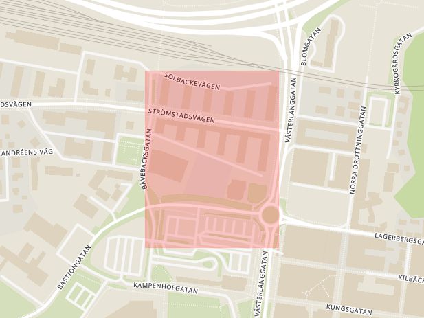 Karta som med röd fyrkant ramar in Uddevalla, Brattgatan, Västra Götalands län