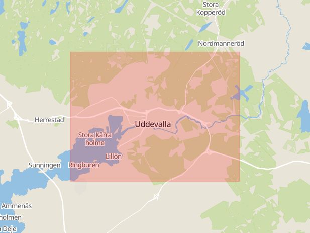 Karta som med röd fyrkant ramar in Uddevalla, Borås, Sjöledet, Mölndal, Annebergsvägen, Lindome, Västra Götalands län