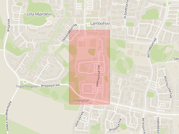 Karta som med röd fyrkant ramar in Lambohov, Arrendegatan, Linköping, Östergötlands län
