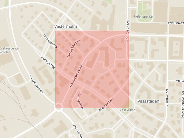 Karta som med röd fyrkant ramar in Varnhemsgatan, Skövde, Västra Götalands län