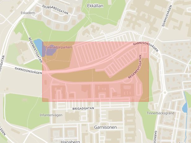 Karta som med röd fyrkant ramar in Regementsgatan, Linköping, Östergötlands län