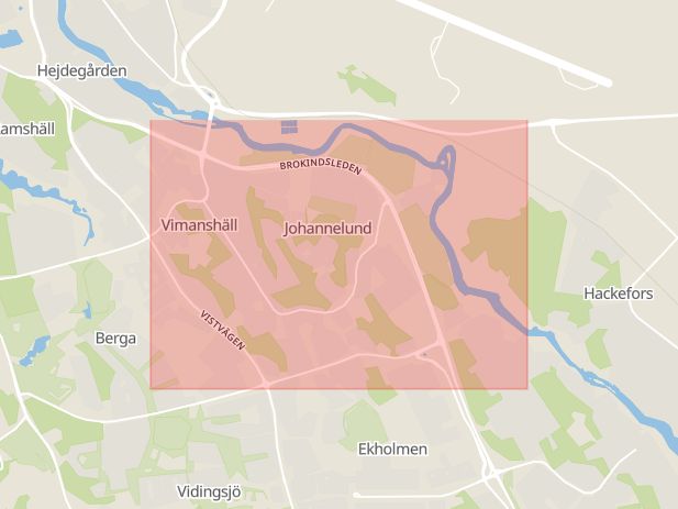 Karta som med röd fyrkant ramar in Johannelund, Norrköping, Linköping, Östergötlands län