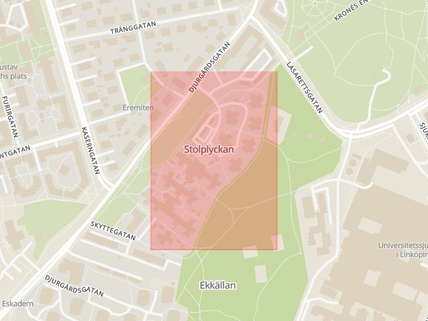 Karta som med röd fyrkant ramar in Föreningsgatan, Linköping, Östergötlands län