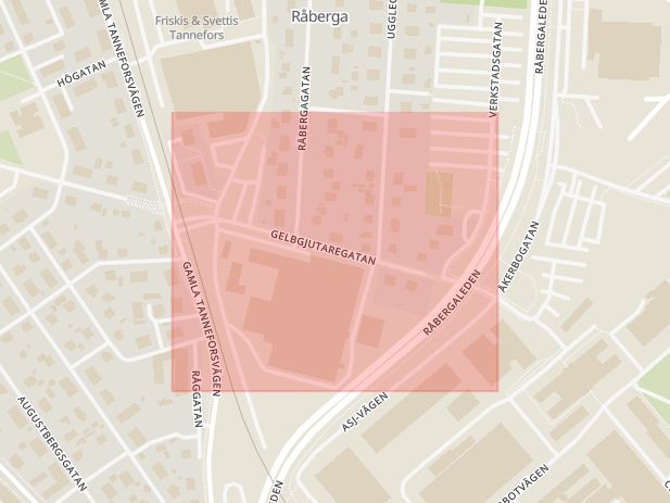 Karta som med röd fyrkant ramar in Östergötland, Gelbgjutaregatan, Linköping, Östergötlands län