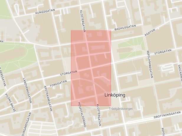 Karta som med röd fyrkant ramar in Storgatan, Klostergatan, Kungsgatan, Linköping, Östergötlands län
