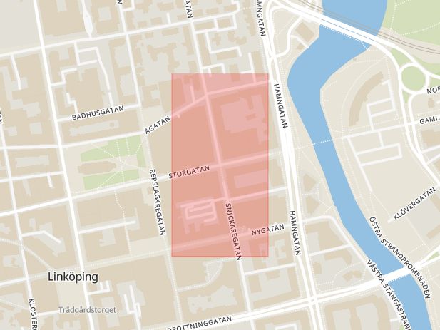 Karta som med röd fyrkant ramar in Storgatan, Snickaregatan, Linköping, Östergötlands län
