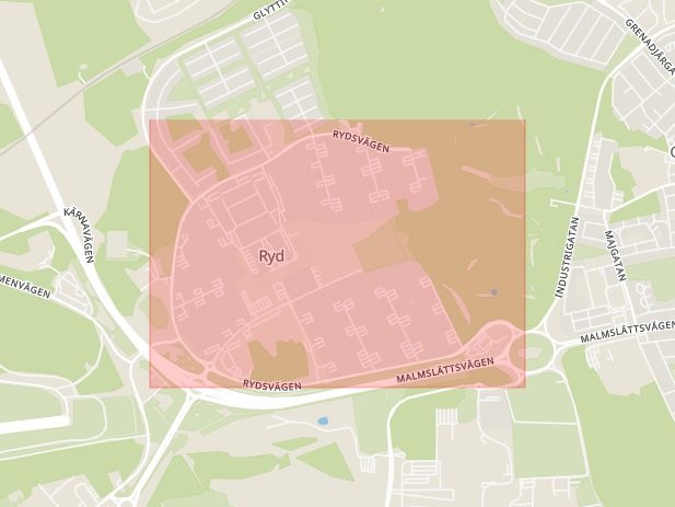 Karta som med röd fyrkant ramar in Rydsvägen, Linköping, Östergötlands län