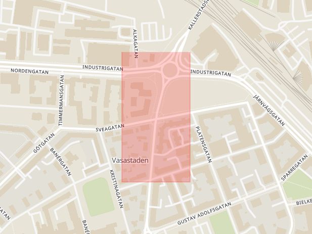 Karta som med röd fyrkant ramar in Sveagatan, Östgötagatan, Norrköping, Linköping, Östergötlands län