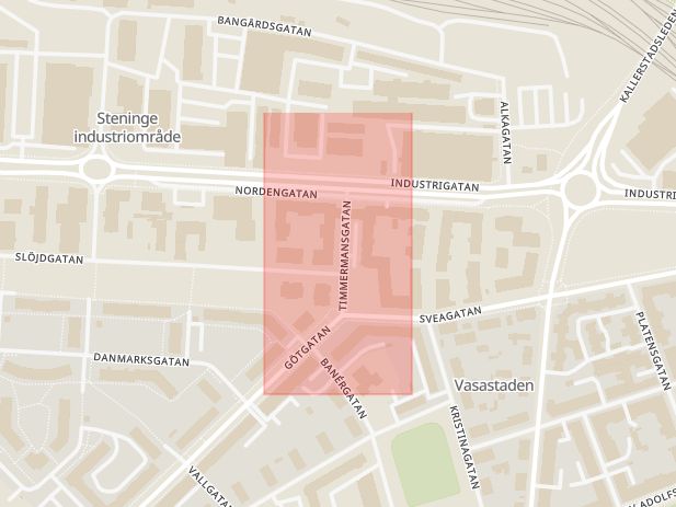 Karta som med röd fyrkant ramar in Timmermansgatan, Vasastan, Linköping, Östergötlands län