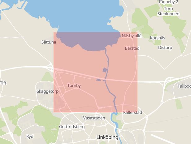 Karta som med röd fyrkant ramar in Tornby, Linköping, Himmelstalund, Norrköping, Östergötlands län