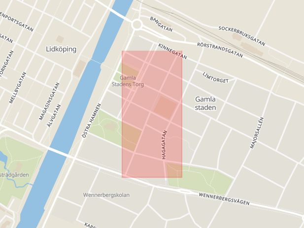 Karta som med röd fyrkant ramar in Gamla Staden, Östergatan, Lidköping, Västra Götalands län