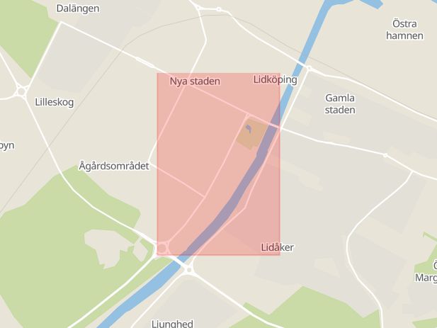 Karta som med röd fyrkant ramar in Nya Staden, Mellbygatan, Lidköping, Västra Götalands län