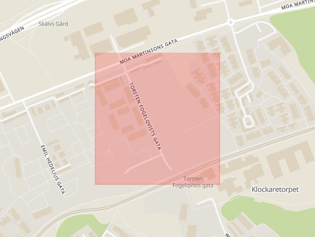 Karta som med röd fyrkant ramar in Klockaretorpet, Torsten Fogelqvists Gata, Norrköping, Östergötlands län