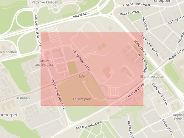 Karta som med röd fyrkant ramar in Folkborgsvägen, Norrköping, Östergötlands län