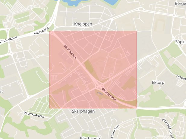 Karta som med röd fyrkant ramar in Söderleden, Klockaretorpet, Skarphagen, Filen, Norrköping, Östergötlands län