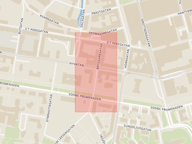 Karta som med röd fyrkant ramar in Nygatan, Bryggaregatan, Norrköping, Östergötlands län