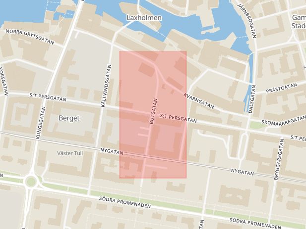Karta som med röd fyrkant ramar in Butgatan, Sankt Persgatan, Norrköping, Östergötlands län