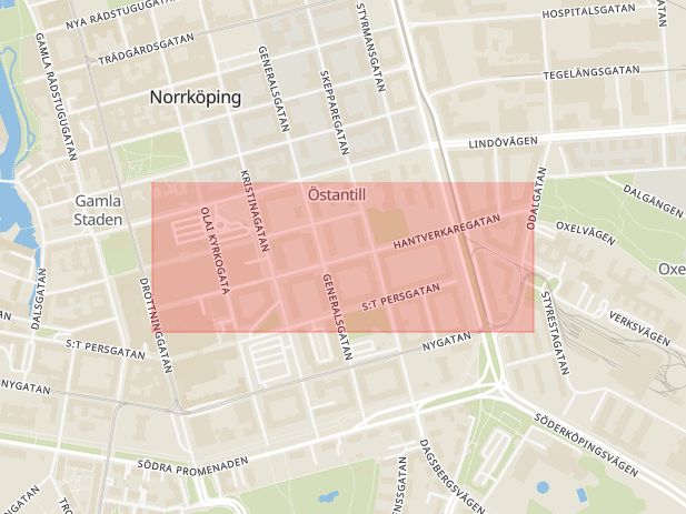 Karta som med röd fyrkant ramar in Hantverkaregatan, Norrköping, Östergötlands län