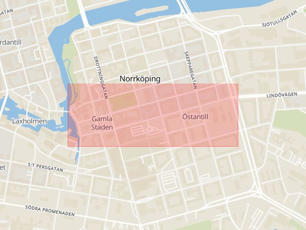 Karta som med röd fyrkant ramar in Östantill, Repslagaregatan, Norrköping, Östergötlands län