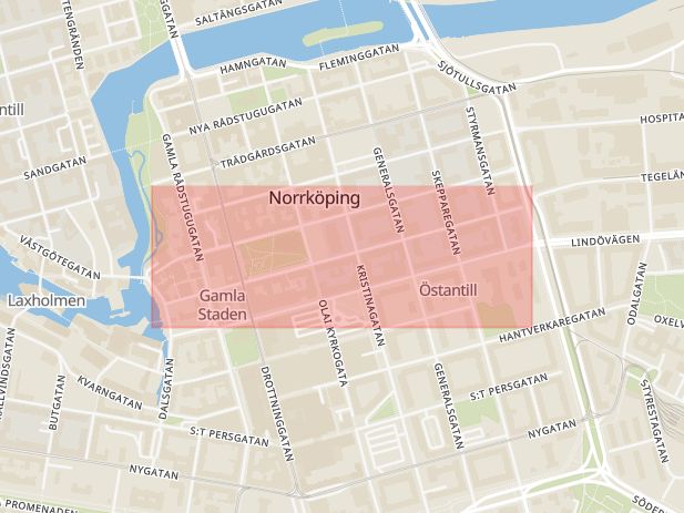 Karta som med röd fyrkant ramar in Skolgatan, Norrköping, Östergötlands län