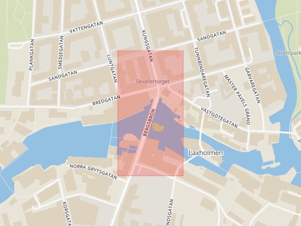Karta som med röd fyrkant ramar in Kungsgatan, Bergsbron, Norrköping, Östergötlands län