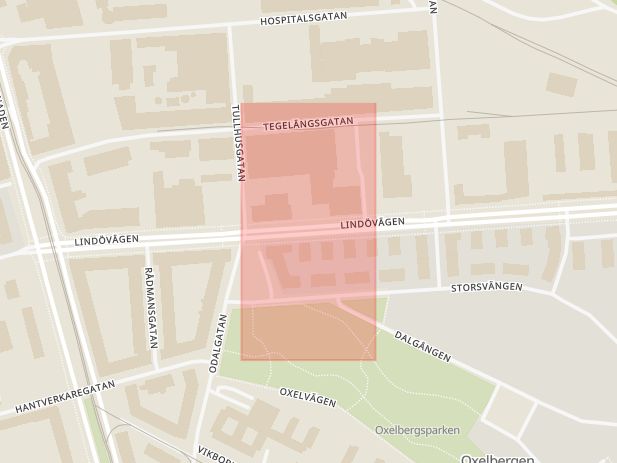 Karta som med röd fyrkant ramar in Lindö, Norrköping, Tullhusgatan, Ödeshög, Finspångsvägen, Norra Promenaden, Östergötlands län