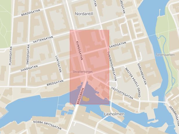 Karta som med röd fyrkant ramar in Kungsgatan, Paketutlämning, Norrköping, Östergötlands län