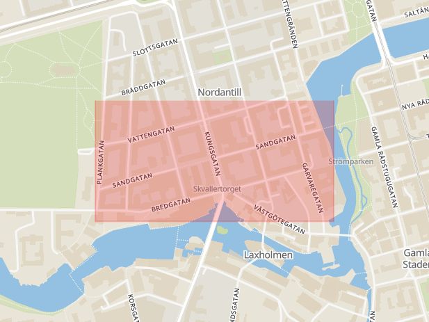 Karta som med röd fyrkant ramar in Norrköping, Sandgatan, Dagsbergsvägen, Albrektsvägen, Östergötlands län