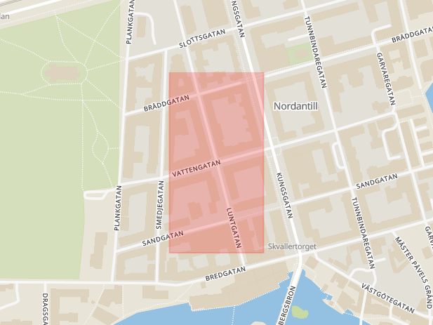 Karta som med röd fyrkant ramar in Vattengatan, Luntgatan, Norrköping, Östergötlands län