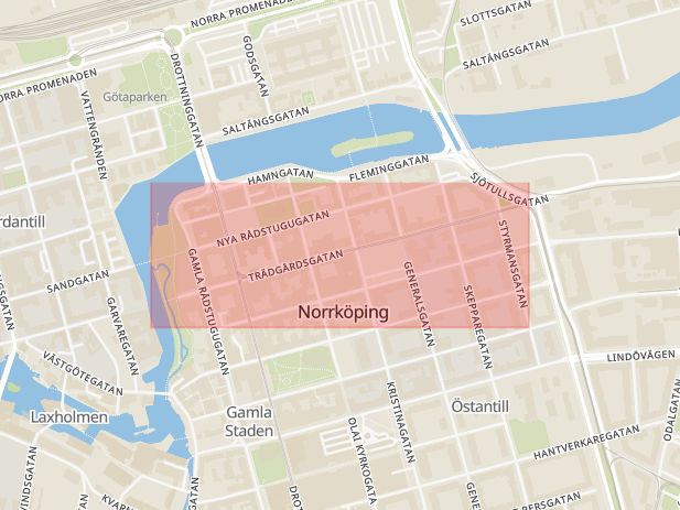 Karta som med röd fyrkant ramar in Trädgårdsgatan, Norrköping, Östergötlands län