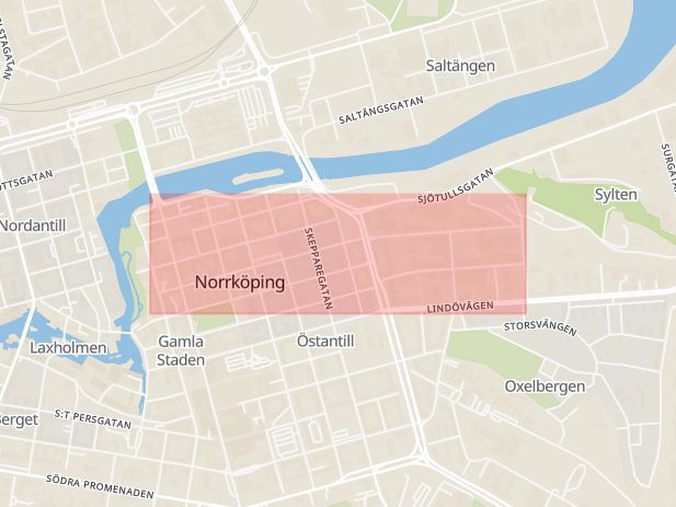 Karta som med röd fyrkant ramar in Hospitalsgatan, Norrköping, Östergötlands län
