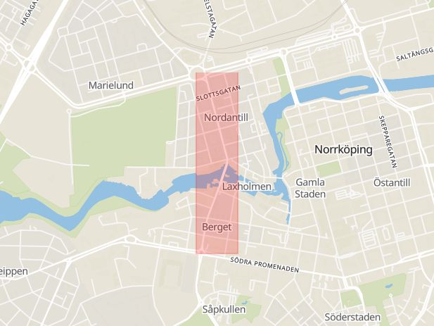 Karta som med röd fyrkant ramar in Östergötland, Kungsgatan, Norrköping, Tjustgatan, Lugnet, Mjölby Kommun, Östergötlands län