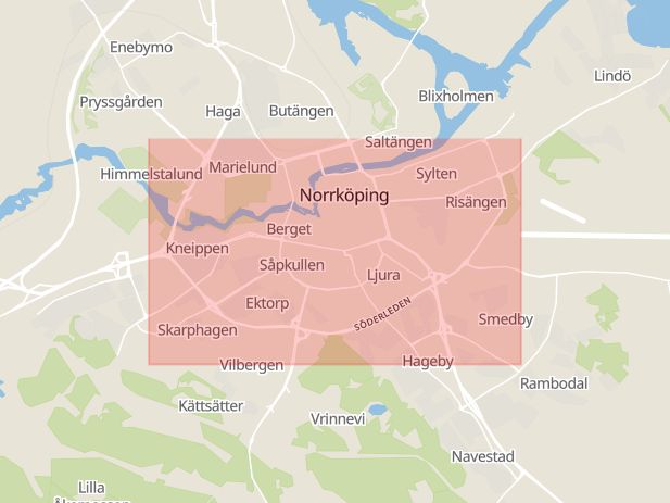 Karta som med röd fyrkant ramar in Östergötland, Söderleden, Norrköping, Slottsgatan, Torparegatan, Linköping, Ågatan, Flasta, Östergötlands län