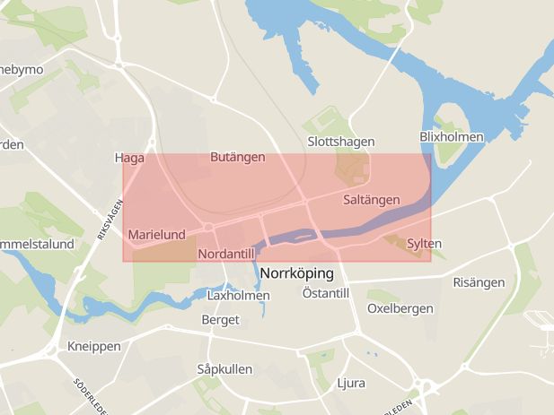 Karta som med röd fyrkant ramar in Östergötland, Ekkällan, Linköping, Norrköping, Norra Promenaden, Östergötlands län