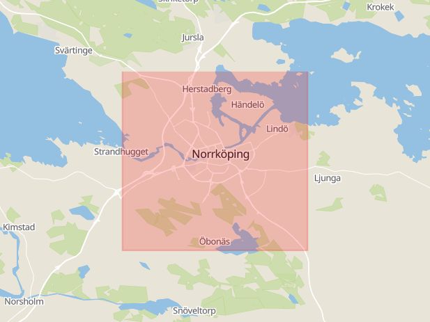 Karta som med röd fyrkant ramar in Vrinneviskogen, Norrköping, Östergötlands län