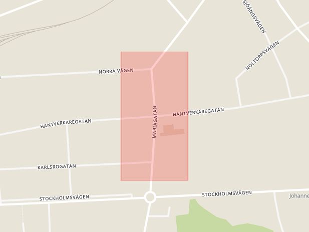 Karta som med röd fyrkant ramar in Hantverkaregatan, Mariagatan, Mariestad, Västra Götalands län