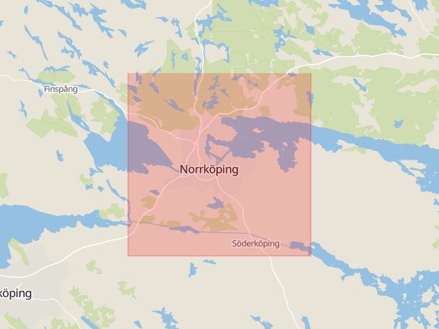 Karta som med röd fyrkant ramar in Ekängen, Linköping, Persgatan, Norrköping, Svälthagen, Finspång, Borensberg, Motala, Gamla Staden, Vasastaden, Östergötlands län