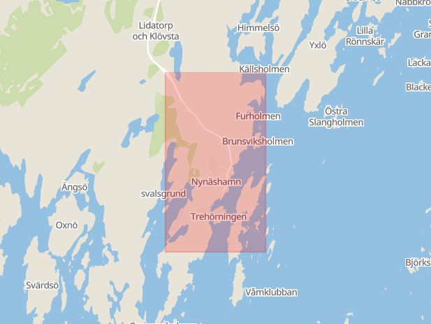 Karta som med röd fyrkant ramar in Skogsvägen, Karolinska Sjukhuset, Solna, Nynäshamn, Stockholms län