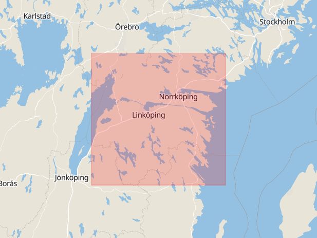 Karta som med röd fyrkant ramar in Östergötlands Län, Intersport, Jönköping, Linköping, Bankekind, Söderköping, Östergötland, Östergötlands län